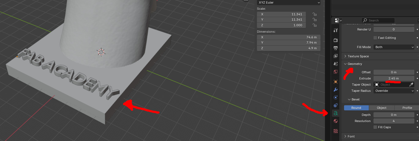 Extruding text in Blender